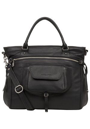 Sac à main en cuir noir avec deux poignées de dessus, une bandoulière réglable, une poche zippée à l'avant et des éléments en métal. Texture lisse.