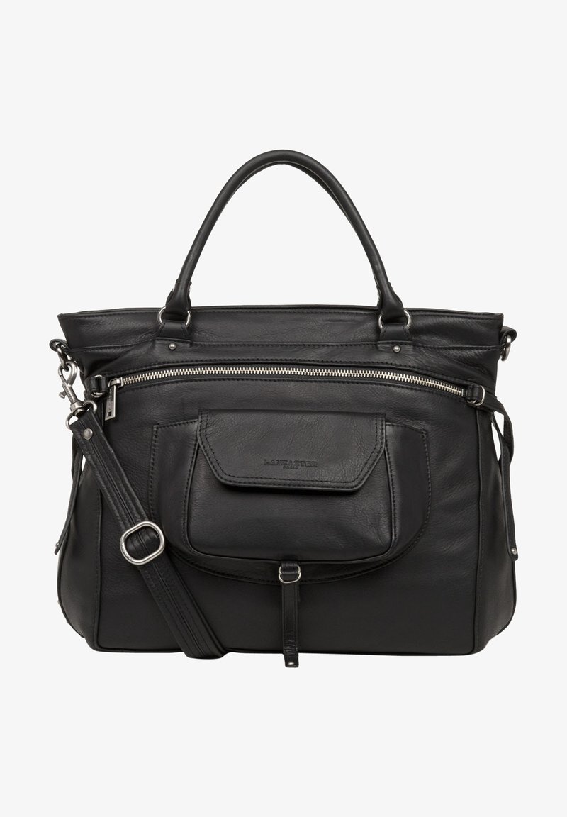 Sac à main en cuir noir avec deux poignées de dessus, une bandoulière réglable, une poche zippée à l'avant et des éléments en métal. Texture lisse.