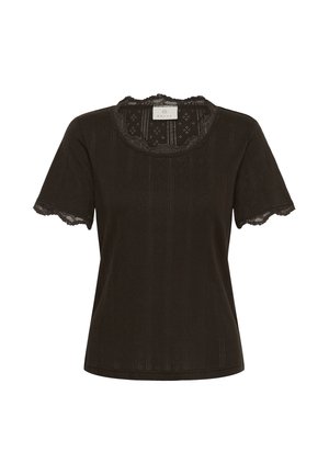 Top negru cu mâneci scurte și bordură din dantelă la decolteu rotund și la marginea mânecilor, cu un model texturat vertical subtil.