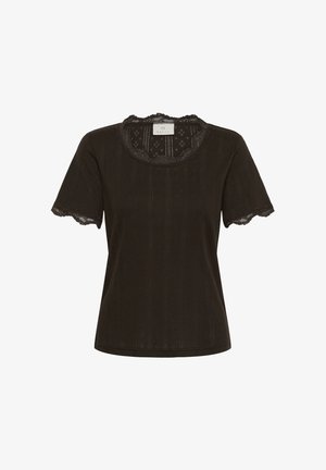 Top negru cu mâneci scurte și bordură din dantelă la decolteu rotund și la marginea mânecilor, cu un model texturat vertical subtil.