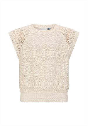 Kurzärmeliges Spitzenoberteil in Cremefarbe mit geometrischen und floralen Mustern, rundem Ausschnitt und tailliertem, geripptem Saum.
