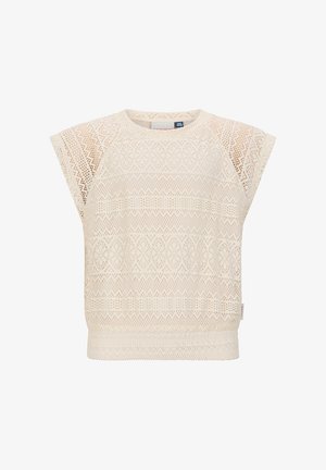 Kurzärmeliges Spitzenoberteil in Cremefarbe mit geometrischen und floralen Mustern, rundem Ausschnitt und tailliertem, geripptem Saum.