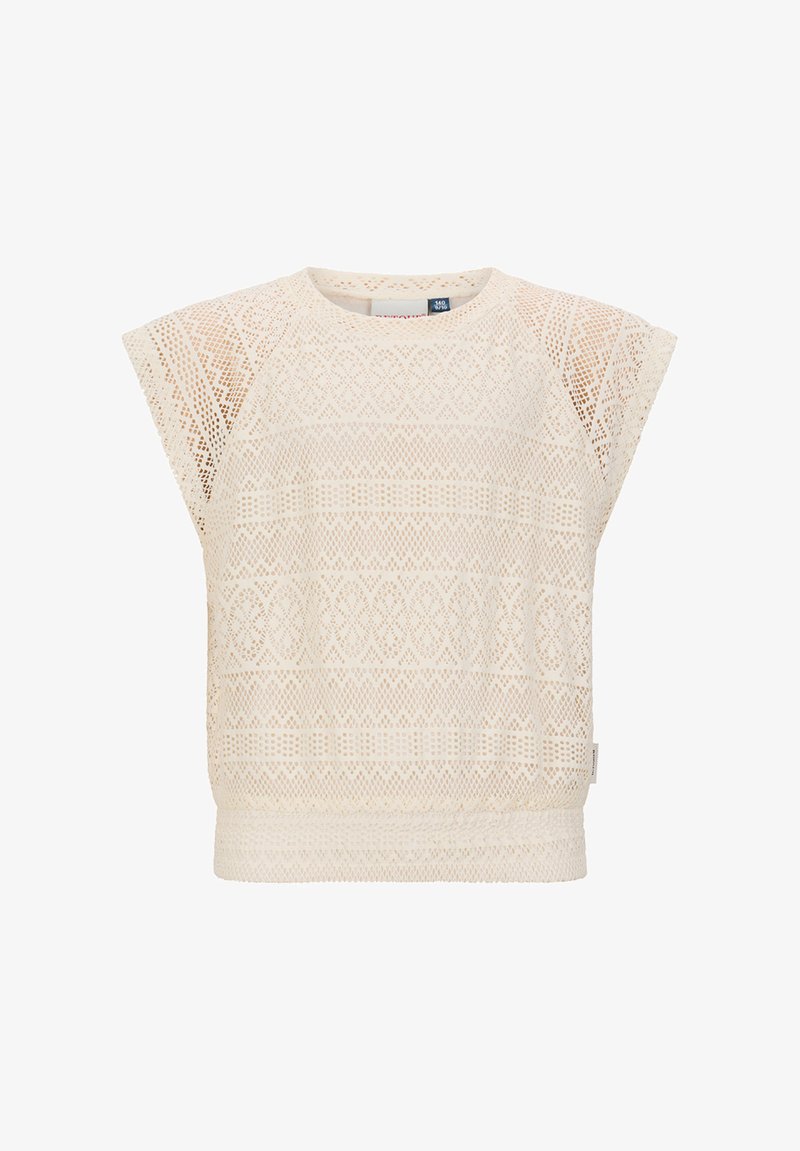 Roomkleurige kort mouw kanten top met geometrische en bloemmotieven, ronde halslijn en aansluitende geribbelde zoom.