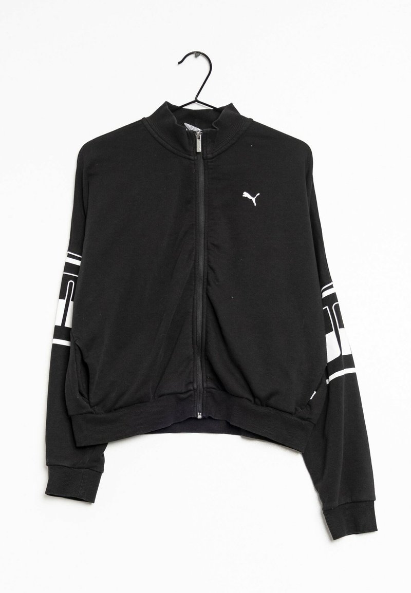 Giacca a track nera con zip e colletto alto, caratterizzata da strisce bianche sulle maniche e un piccolo logo bianco sul petto. Tessuto morbido ed elastico.