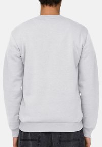 Lichtgrijze sweatshirt met een ronde hals, ribgebreide manchetten en onderrand, met een gladde textuur en zonder zichtbare logo's of patronen op de achterkant.
