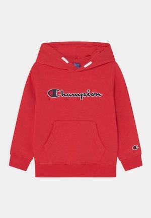 Sweat à capuche rouge en mélange de coton. Comprend une poche kangourou à l'avant, des poignets côtelés et un logo sur la poitrine.