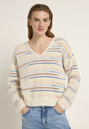 Strickpullover mit V-Ausschnitt, ausgestattet mit mehrfarbigen Streifen in Pastelltönen, aus einem weichen, strukturierten Material gefertigt. Lockere Passform.