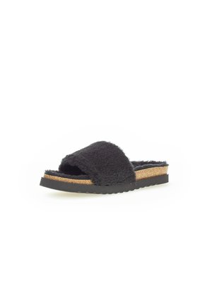 Black slide sandal with a soft, fuzzy upper, cork midsole, and a textured rubber outsole. Features an open-toe design and cross-over straps.