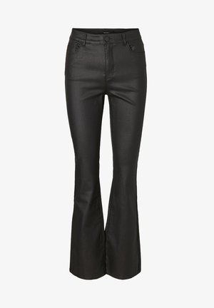 Black flared pants made of faux leather, featuring five pockets, belt loops, and a button closure at the waist. Smooth, shiny texture.