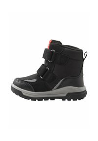 Stivaletto nero con due cinturini in Velcro, tessuto testurizzato e superiore sintetico, suola in gomma, accenti grigi e un linguetta sul retro.