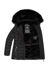 Schwarze, mit Reißverschluss versehene, gesteppte Jacke mit einer gefütterten Kapuze aus Kunstfell, gerippten Ärmeln und roten Akzentnähten, ausgestattet mit einem weichen Innenfutter.