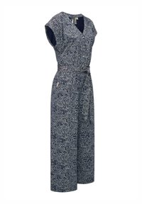Marineblå jumpsuit med blomstermønster, kapærmer, v-hals og knapdetalje; har en elastisk talje og vid ben-design.