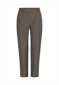 Graue, maßgeschneiderte Hosen mit glatter Textur, geradem Schnitt, Gürtelschlaufen und Seitentaschen. Geeignet für legere oder formelle Anlässe.