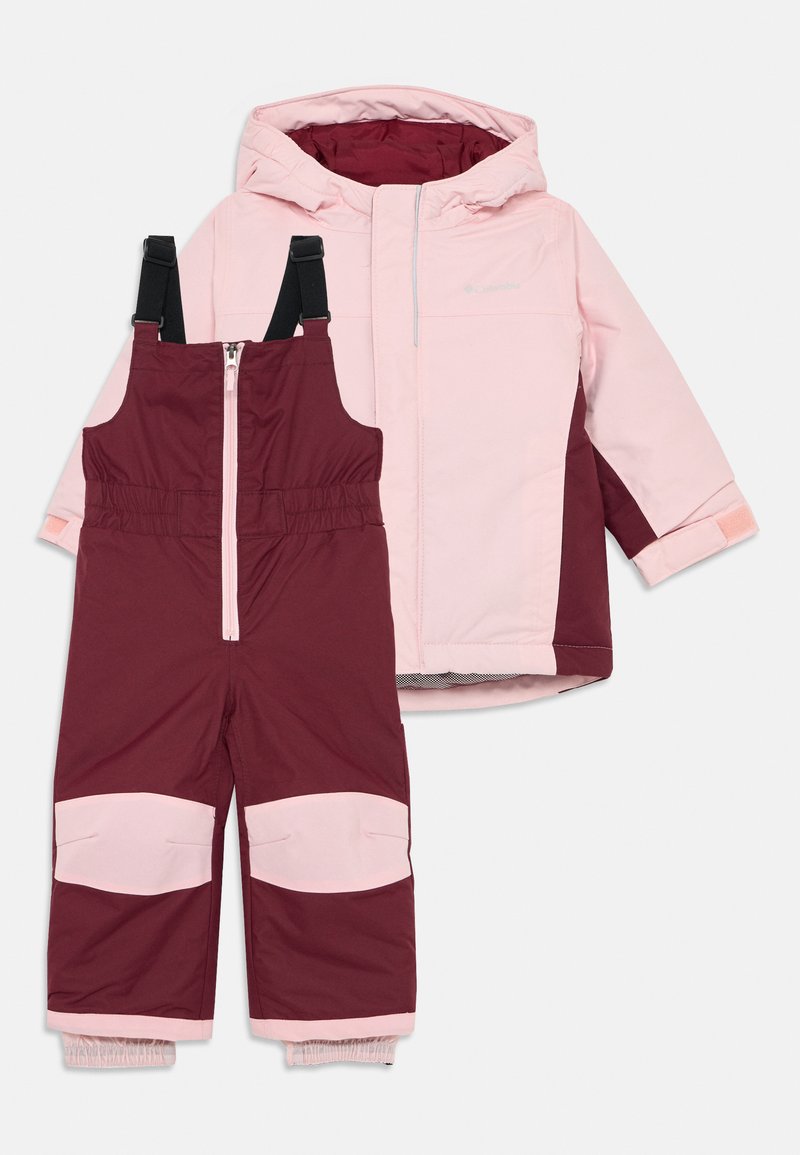 Pink hooded jacket with maroon accents and a front zipper, paired with maroon overalls featuring pink patches and adjustable straps.