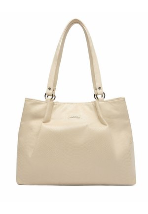 Beige Umhängetasche aus Kunstleder mit dezentem, geprägtem Muster, doppelten Schulterriemen und Metall-Logoplakette in der Mitte vorne.