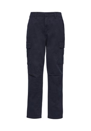 Navy cargo pants made of cotton, featuring multiple side pockets, straight legs, and reinforced knee panels for durability.