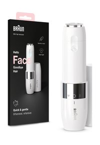 Épilateur miniature blanc avec accents argentés, design ergonomique, indicateur LED et dessus arrondi, présenté aux côtés d'un emballage noir avec texte rose.