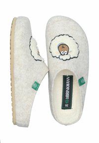 Cream felt slippers with rubber soles and a cartoon sheep face on the top, labeled size 38 with green branded tags.