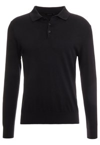 Czarna koszulka polo z długim rękawem, wykonana z gładkiego materiału, z klasycznym kołnierzykiem i plisą na trzy guziki, z dopasowanymi mankietami i dołem.