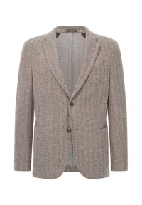 Brun hounds-tooth-blazer med notchkrage, två framfickor, enkel knappstängning och texturblandad ull.