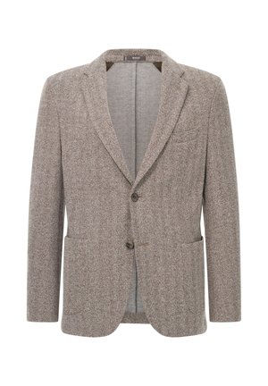 Brązowy żakiet w wzór houndstooth z klapami, dwoma przednimi kieszeniami, pojedynczym zapięciem na guzik oraz tkanym materiałem z wełny.