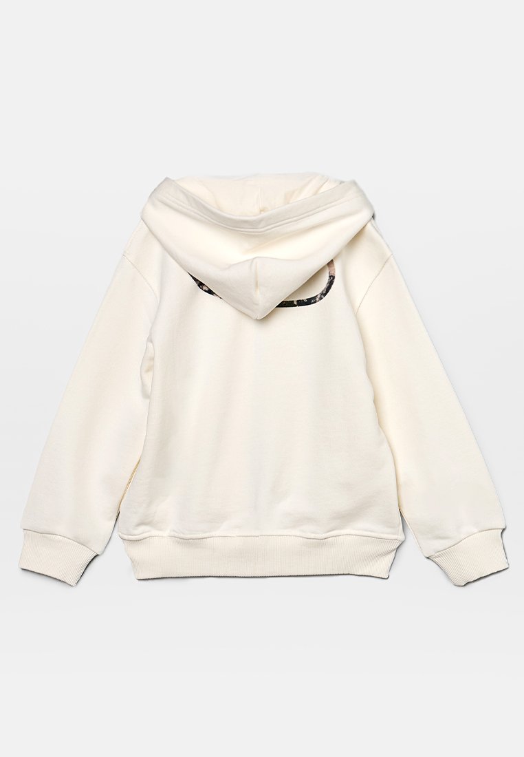 Felpa con cappuccio color crema, maniche lunghe, polsini e orlo a costine, mostrata da dietro su uno sfondo bianco.