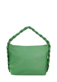 Sac à main en cuir vert avec une poignée tressée, fermeture éclair et texture lisse, présentant une forme structurée et de taille moyenne.