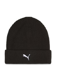 Black knit beanie hat with a ribbed texture and a folded cuff. Features a white Puma logo on the front.