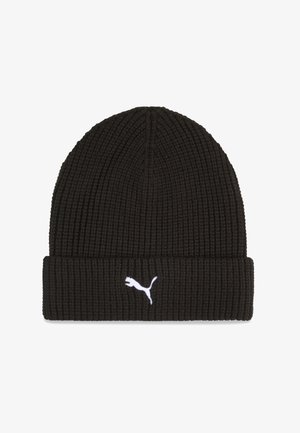Sort strikket hue med ribbet tekstur og foldet kant. Har et hvidt Puma-logo på forsiden.