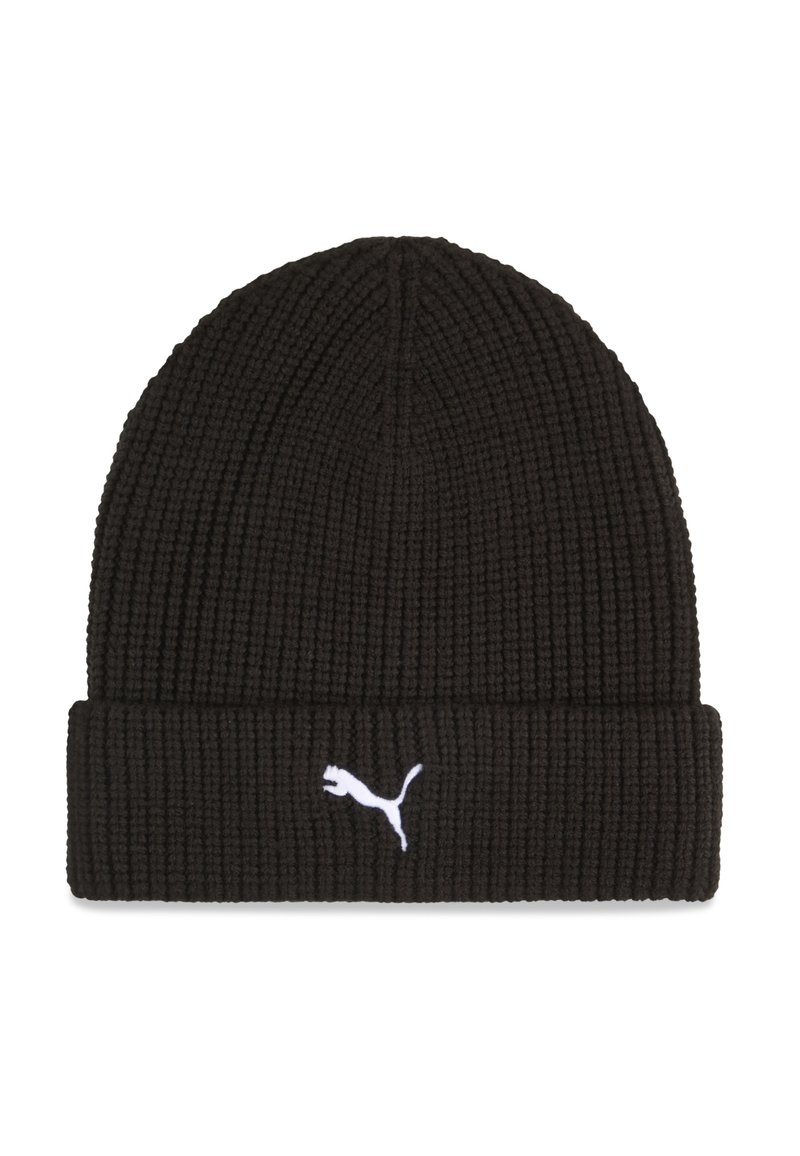Black knit beanie hat with a ribbed texture and a folded cuff. Features a white Puma logo on the front.