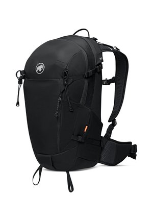 Schwarzer Rucksack mit runder Form, aus robustem Stoff gefertigt. Verfügt über verstellbare Träger, Seitentaschen und ein Logo. Strukturierte Rückseite.