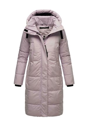 Lila puffjacka med avtagbar huva, dragkedjestängning, elastiska ärmslut och svarta detaljer. Utmärkt med två framfickor med flaps.