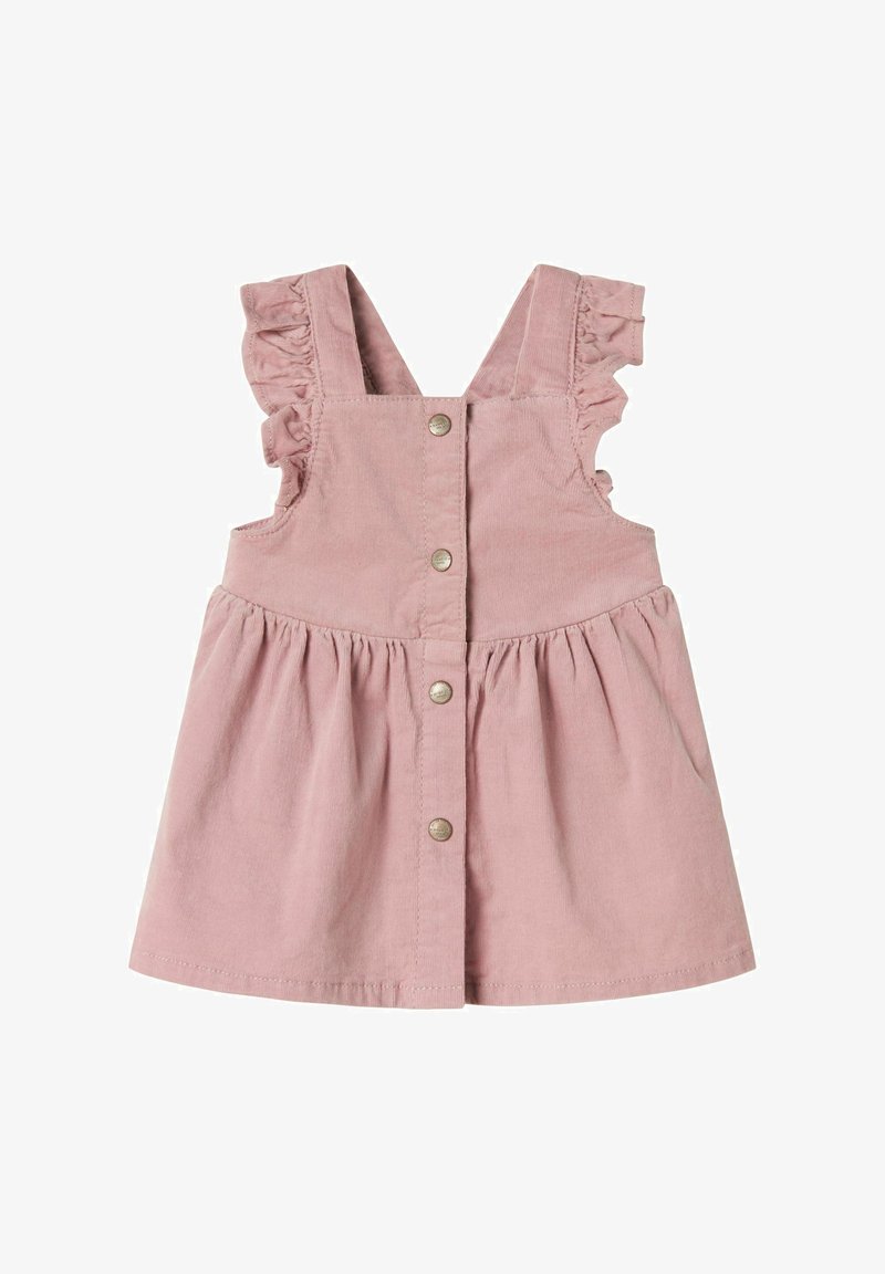 Roza pamučna haljina od kordura sa volanastim naramenicama, zakopčavanje na dugmiće sprijeda i nabrani suknju. Uključuje metalne dugmice i teksturiranu tkaninu.