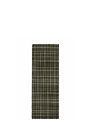 Rectangular scarf with a green and black houndstooth pattern and fringed edges on a white background.