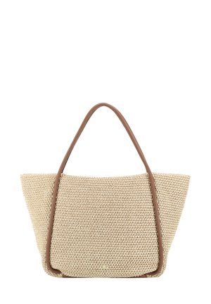 Beige geflochtene Tote-Tasche mit dreieckiger Form, ergänzt durch braune Ledergriffe und dezente Branding auf der Vorderseite.