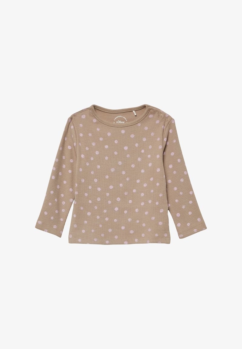 Braunes geripptes Langarmshirt mit rosa Punkten, rundem Ausschnitt und Knopfdetails an den Schultern.