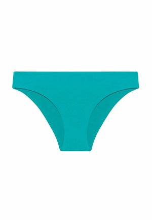 Teal-bikinihousut, joissa on sileä rakenne, matala vyötärö ja vähäinen peittävyys. Ominaisuuksiin kuuluvat siistit linjat ja ei näkyviä kuvioita tai varusteita.