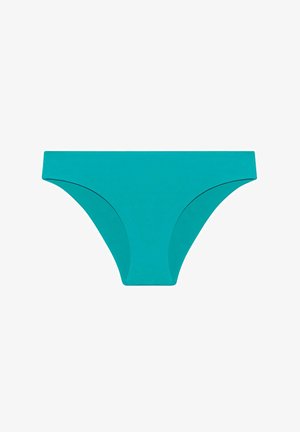 Teal bikini onderkant met een gladde textuur, lage taille en minimale bedekking. Heeft scherpe lijnen en geen zichtbare patronen of hardware.
