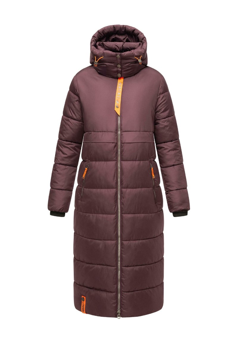 Long, burgundy puffer coat with hood, featuring a zipper and two side pockets. Includes orange accents and ribbed cuffs.