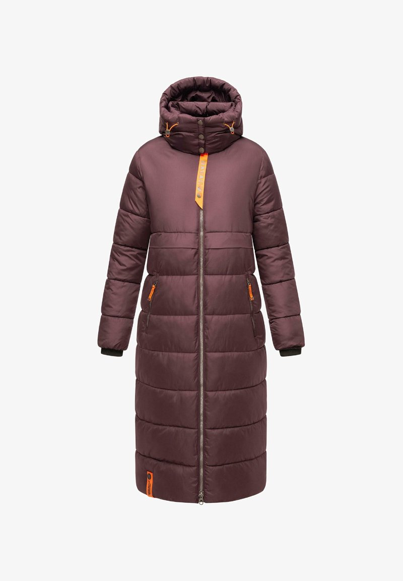 Long, burgundy puffer coat with hood, featuring a zipper and two side pockets. Includes orange accents and ribbed cuffs.