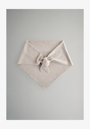 Bežinė trikotažinė skara trikampio formos, su raišteliu centre, minkšta medžiaga ir glotni tekstūra. Kraštai apvalūs.