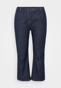Dark blue denim trousers with a straight-leg cut, featuring a front button closure, belt loops, and subtle stitching details along the seams.
