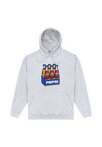 Felpa grigia con cappuccio che presenta un grafiche di cinque bottiglie di soda in un riquadro blu con un bordo giallo etichettato "PEPSI." Include una tasca frontale e cappuccio regolabile.