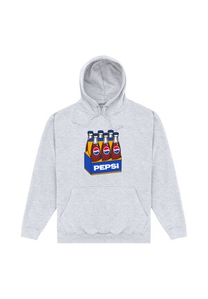 Felpa grigia con cappuccio che presenta un grafiche di cinque bottiglie di soda in un riquadro blu con un bordo giallo etichettato "PEPSI." Include una tasca frontale e cappuccio regolabile.