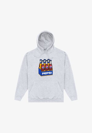 Felpa grigia con cappuccio che presenta un grafiche di cinque bottiglie di soda in un riquadro blu con un bordo giallo etichettato "PEPSI." Include una tasca frontale e cappuccio regolabile.