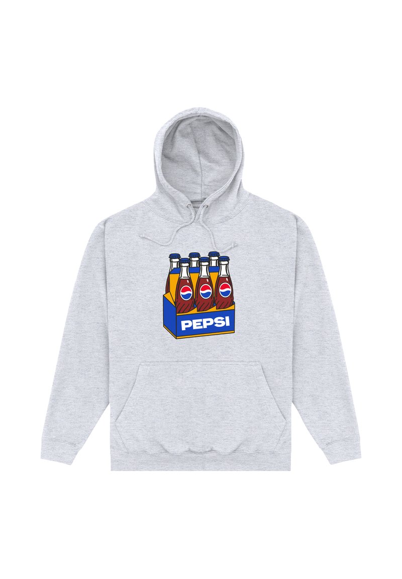Felpa grigia con cappuccio che presenta un grafiche di cinque bottiglie di soda in un riquadro blu con un bordo giallo etichettato "PEPSI." Include una tasca frontale e cappuccio regolabile.