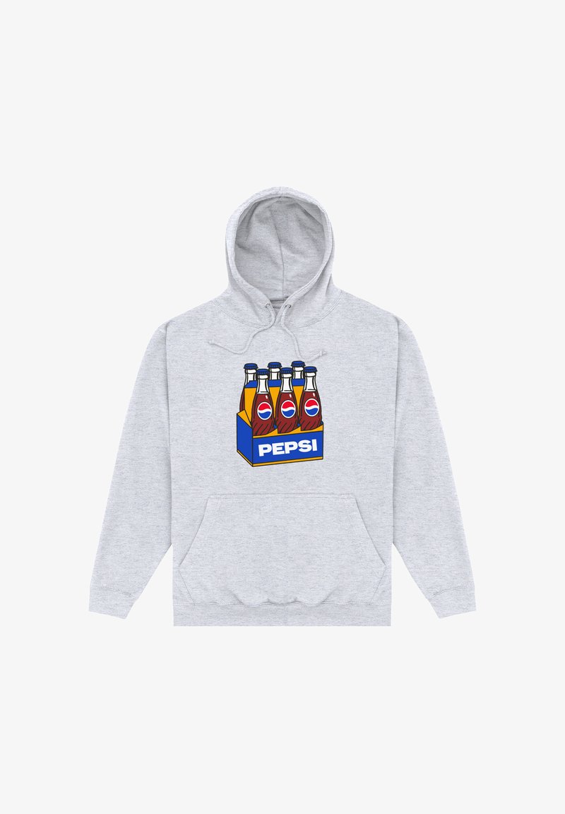 Sudadera gris con un gráfico de cinco botellas de refresco en un cuadro azul con un borde amarillo que dice "PEPSI". Incluye un bolsillo frontal y capucha ajustable.
