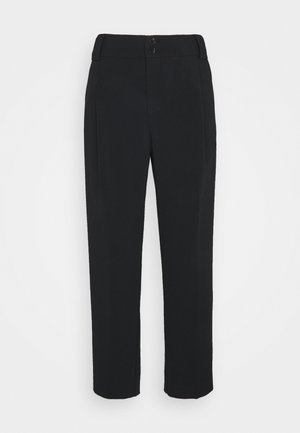 Black tailored trousers with a smooth texture, featuring a straight leg design, two front buttons, and a classic waistband.
