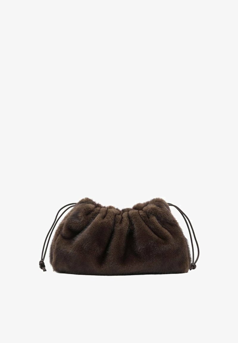 Soft dark brown faux fur pouch bag with gathered top and black drawstring cords on each side.