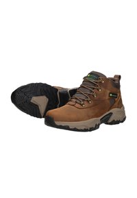 Bruine leren wandelschoenen met grijze mesh-accenten, metalen oogjes en een duurzame zwarte rubberen zool met een gestructureerd grippatroon.